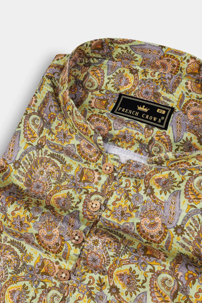 Kumera Brown And Thistle Green Printed Luxurious Linen Kurta Shirt 4