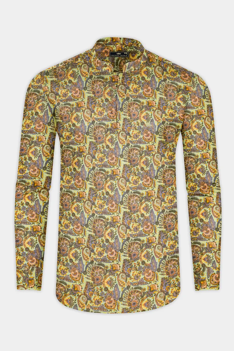 Kumera Brown And Thistle Green Printed Luxurious Linen Kurta Shirt 5