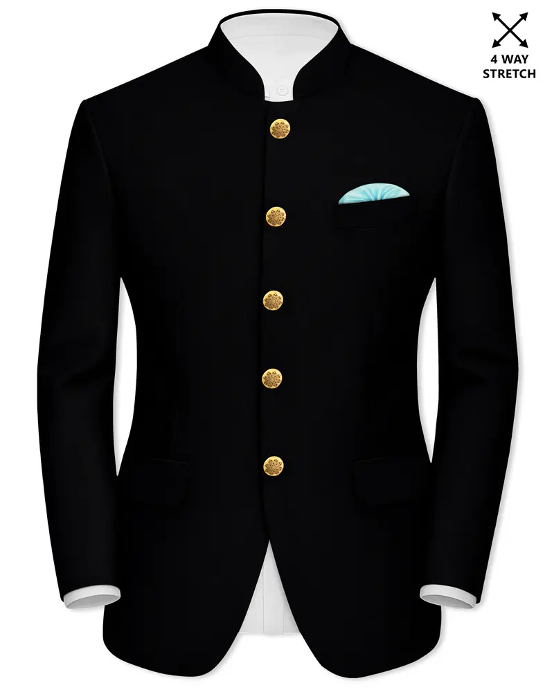 Kuro-Japanese Black 4-Way Stretch Wrinkle-Free Wool Rich Bandhgala Blazer 1
