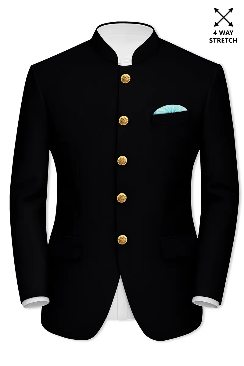 Kuro-Japanese Black 4-Way Stretch Wrinkle-Free Wool Rich Bandhgala Blazer 2