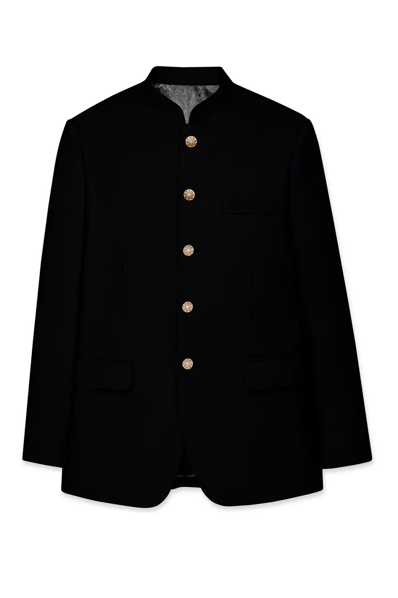 Kuro-Japanese Black 4-Way Stretch Wrinkle-Free Wool Rich Bandhgala Blazer 6