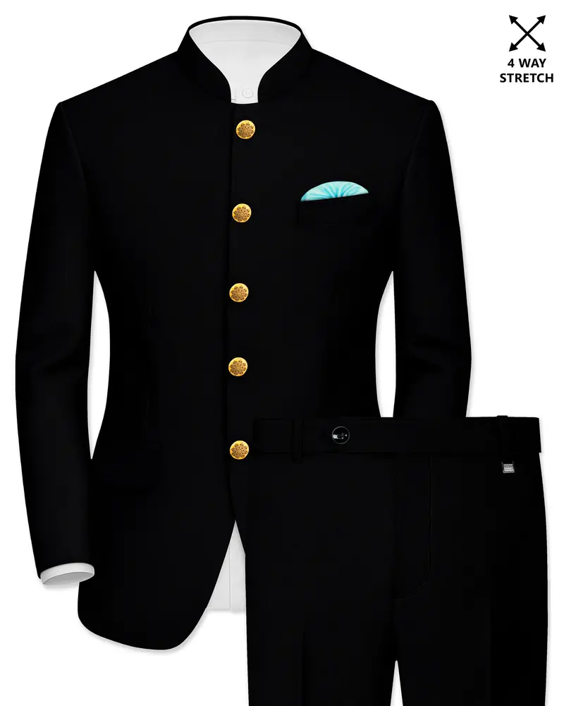 Kuro-Japanese Black 4-Way Stretch Wrinkle-Free Wool Rich Bandhgala Suit 1