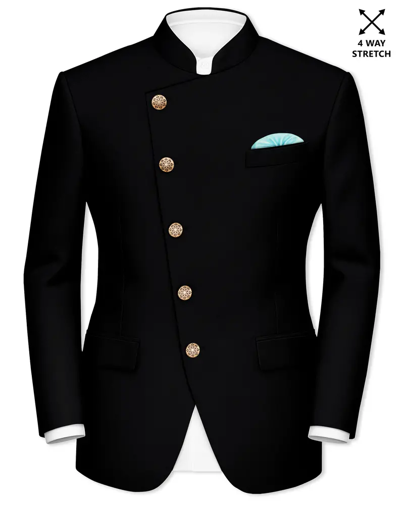Kuro-Japanese Black 4-Way Stretch Wrinkle-Free Wool Rich Cross Placket Bandhgala Blazer 1