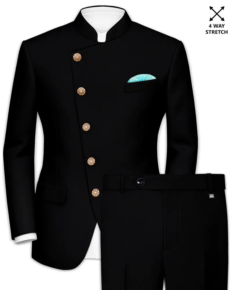 Kuro-Japanese Black 4-Way Stretch Wrinkle-Free Wool Rich Cross Placket Bandhgala Suit 1