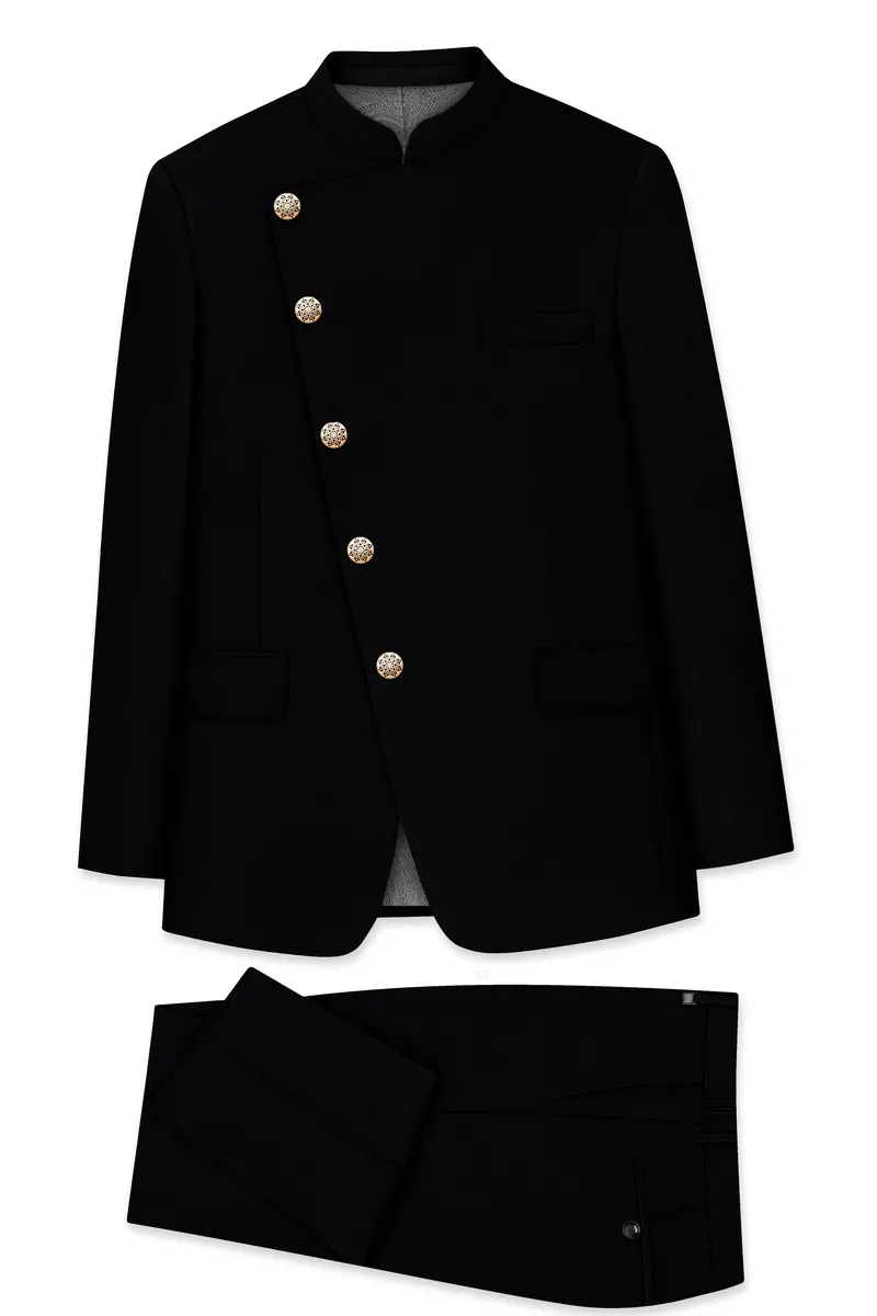 Kuro-Japanese Black 4-Way Stretch Wrinkle-Free Wool Rich Cross Placket Bandhgala Suit 10