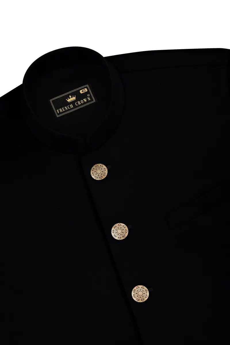 Kuro-Japanese Black 4-Way Stretch Wrinkle-Free Wool Rich Cross Placket Bandhgala Suit 17