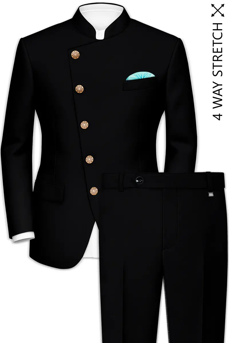 Kuro-Japanese Black 4-Way Stretch Wrinkle-Free Wool Rich Cross Placket Bandhgala Suit 2