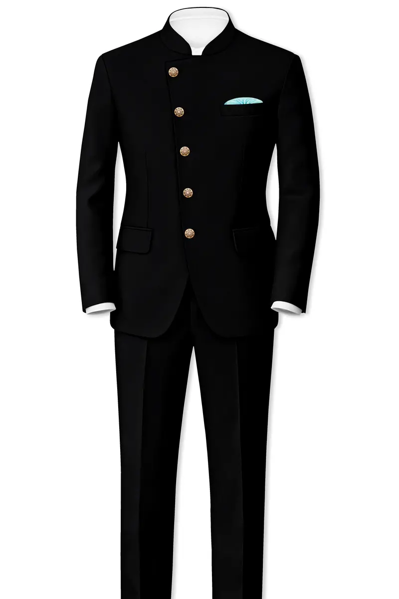 Kuro-Japanese Black 4-Way Stretch Wrinkle-Free Wool Rich Cross Placket Bandhgala Suit 4