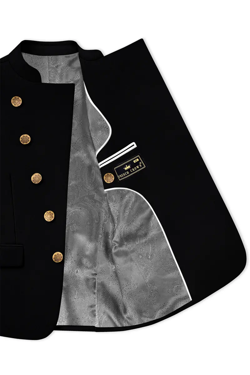Kuro-Japanese Black 4-Way Stretch Wrinkle-Free Wool Rich Cross Placket Bandhgala Suit 5