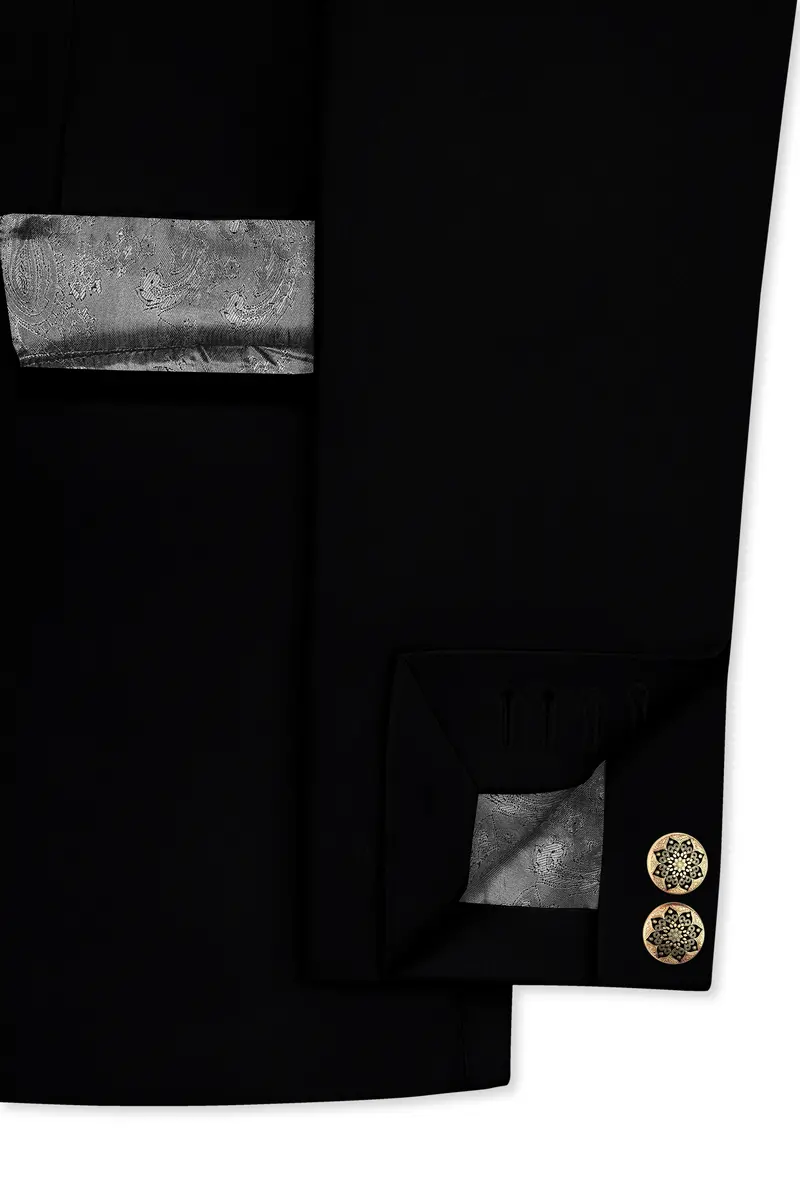 Kuro-Japanese Black 4-Way Stretch Wrinkle-Free Wool Rich Cross Placket Bandhgala Suit 6