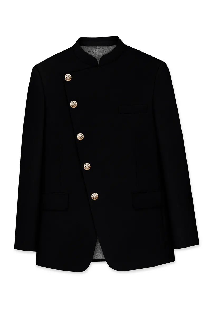 Kuro-Japanese Black 4-Way Stretch Wrinkle-Free Wool Rich Cross Placket Bandhgala Suit 7