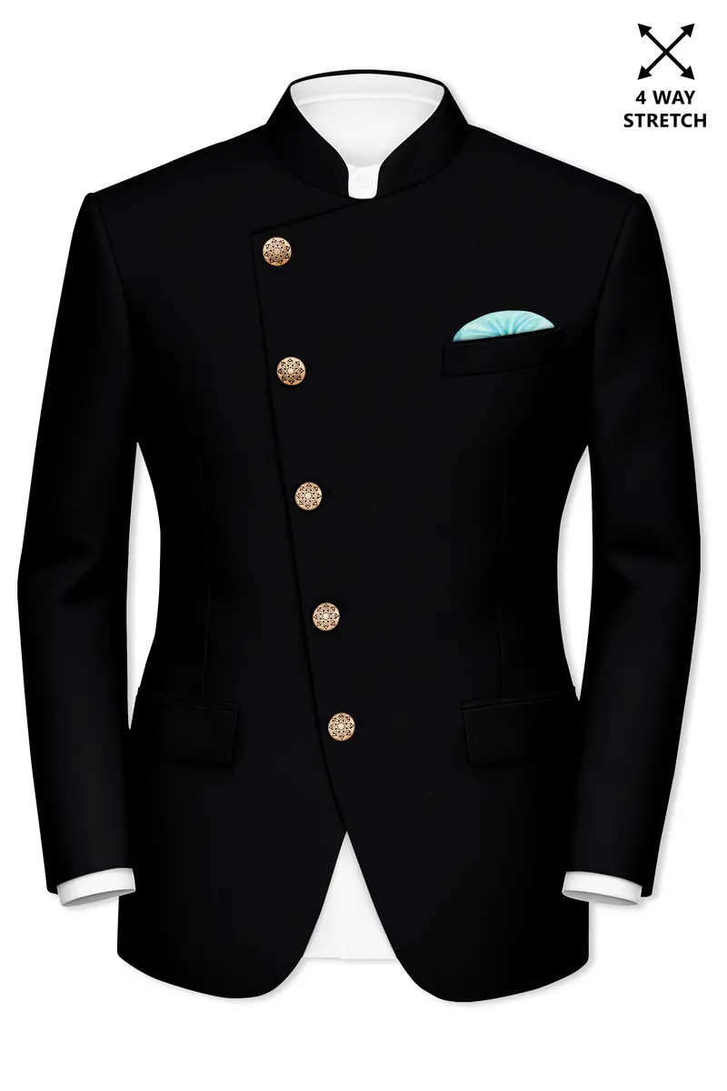 Kuro-Japanese Black 4-Way Stretch Wrinkle-Free Wool Rich Cross Placket Bandhgala Suit 9