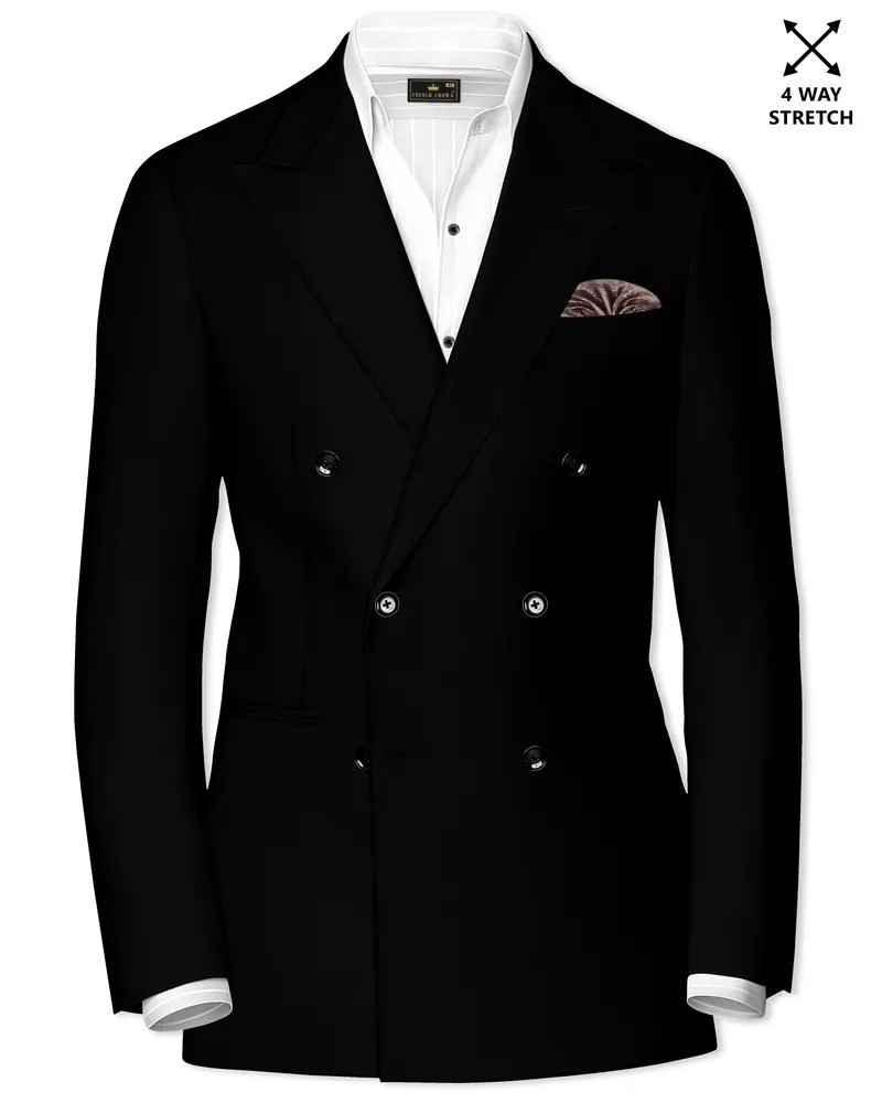 Kuro-Japanese Black 4-Way Stretch Wrinkle-Free Wool Rich Double Breasted Blazer 1