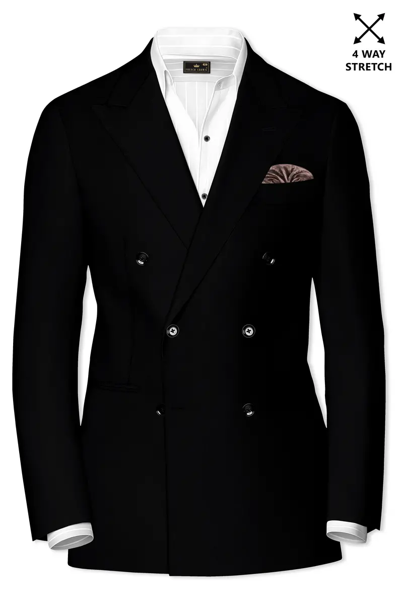 Kuro-Japanese Black 4-Way Stretch Wrinkle-Free Wool Rich Double Breasted Blazer 2