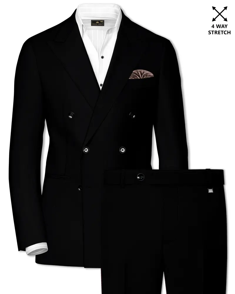 Kuro-Japanese Black 4-Way Stretch Wrinkle-Free Wool Rich Double Breasted Suit 1