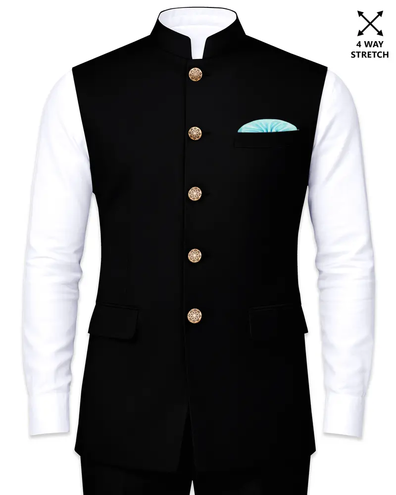 Kuro-Japanese Black 4-Way Stretch Wrinkle-Free Wool Rich Nehru Jacket 1