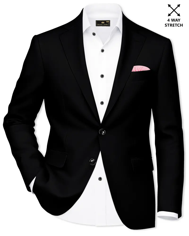 Kuro-Japanese Black 4-Way Stretch Wrinkle-Free Wool Rich Single Breasted Blazer 1