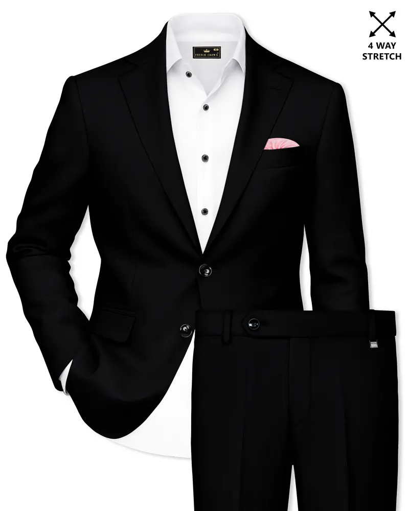 Kuro-Japanese Black 4-Way Stretch Wrinkle-Free Wool Rich Single Breasted Suit 1