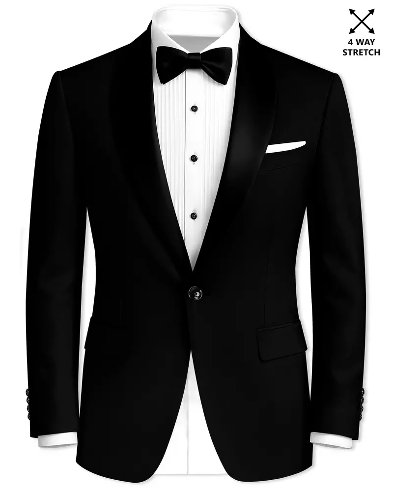 Kuro-Japanese Black 4-Way Stretch Wrinkle-Free Wool Rich Tuxedo Blazer 1