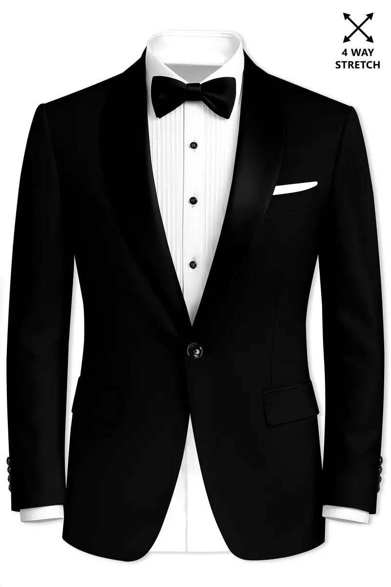 Kuro-Japanese Black 4-Way Stretch Wrinkle-Free Wool Rich Tuxedo Blazer 2