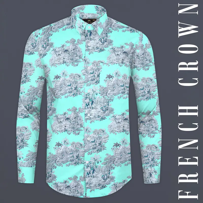 Lagoon Blue Tropical Printed Subtle Sheen Super Soft Premium Cotton Shirt 1