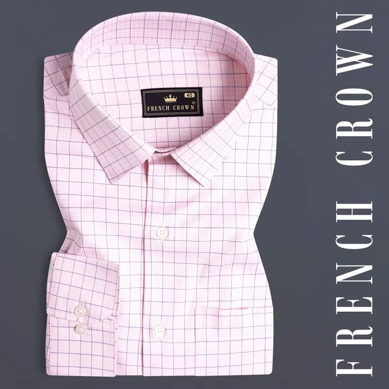 Languid Pink Checkered Dobby Textured Premium Giza Cotton Shirt 7
