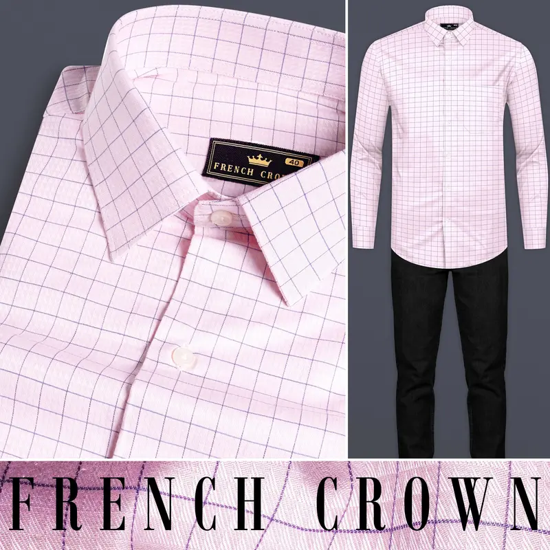 Languid Pink Checkered Dobby Textured Premium Giza Cotton Shirt 9
