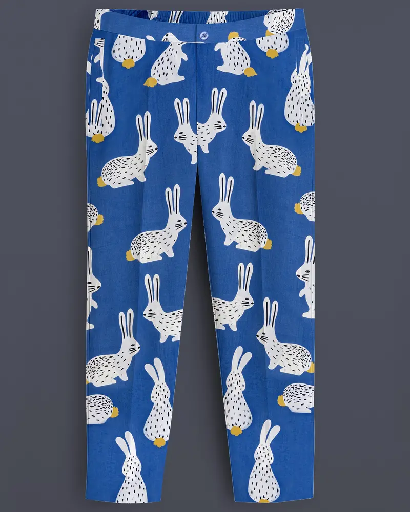 Lapiora-Tory Blue Rabbit Printed Poplin Giza Cotton Lounge Pant 1