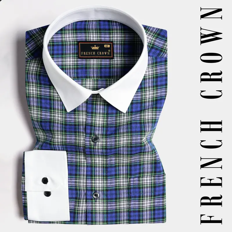 Lapis Blue And Teal Green Plaid With White Cuffs And Collar Premium Cotton Shirt 1