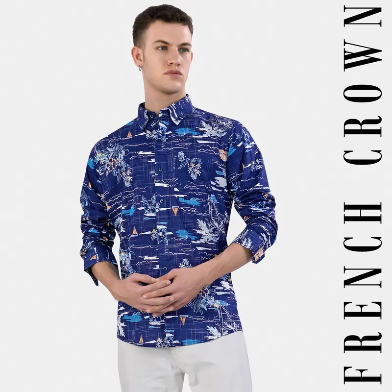 Lapis Blue And White Multicolour Printed Chambray Shirt 1