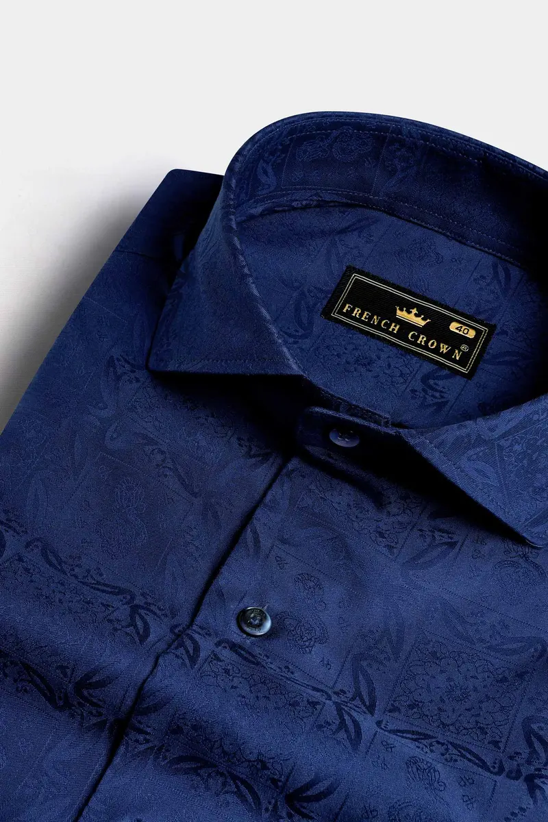 Lapis Blue Jacquard Textured Premium Giza Cotton Shirt 1