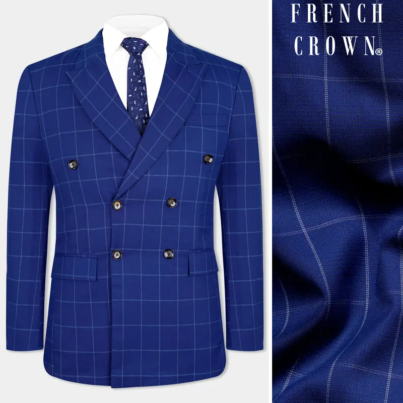 Lapis Blue Windowpane Wool Rich Double Breasted Blazer 1