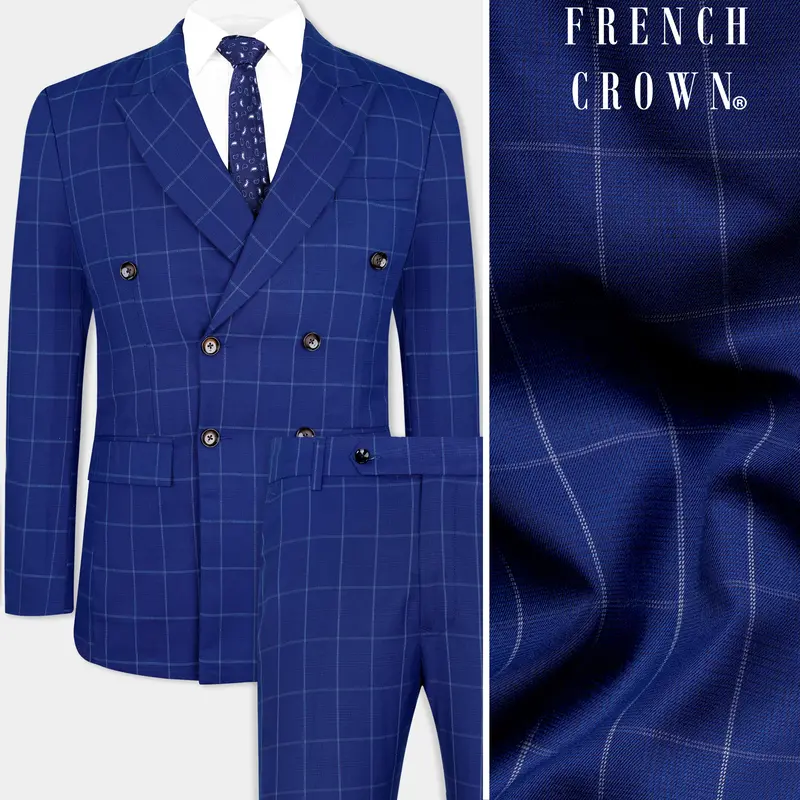 Lapis Blue Windowpane Wool Rich Double Breasted Suit 1