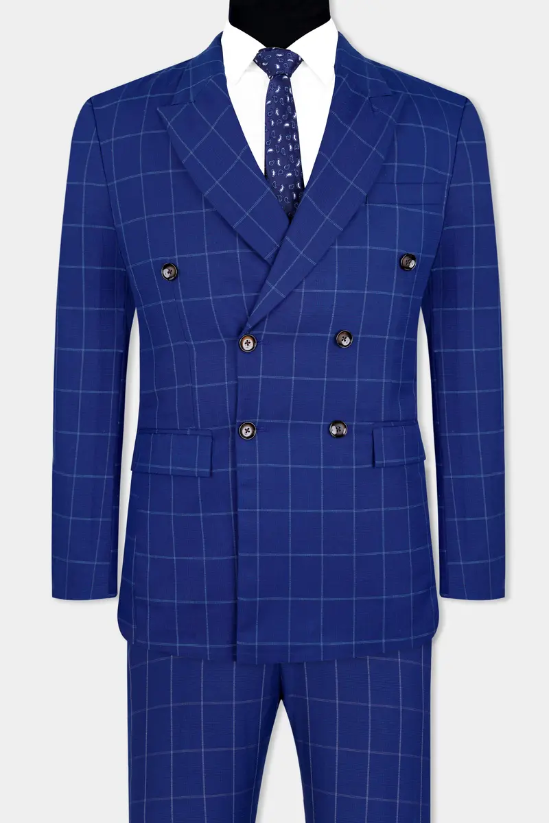 Lapis Blue Windowpane Wool Rich Double Breasted Suit 10