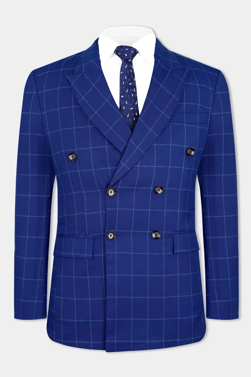 Lapis Blue Windowpane Wool Rich Double Breasted Suit 11