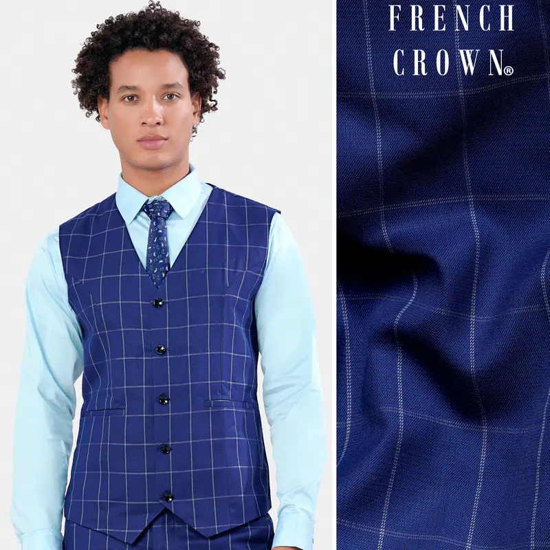 Lapis Blue Windowpane Wool Rich Waistcoat 1