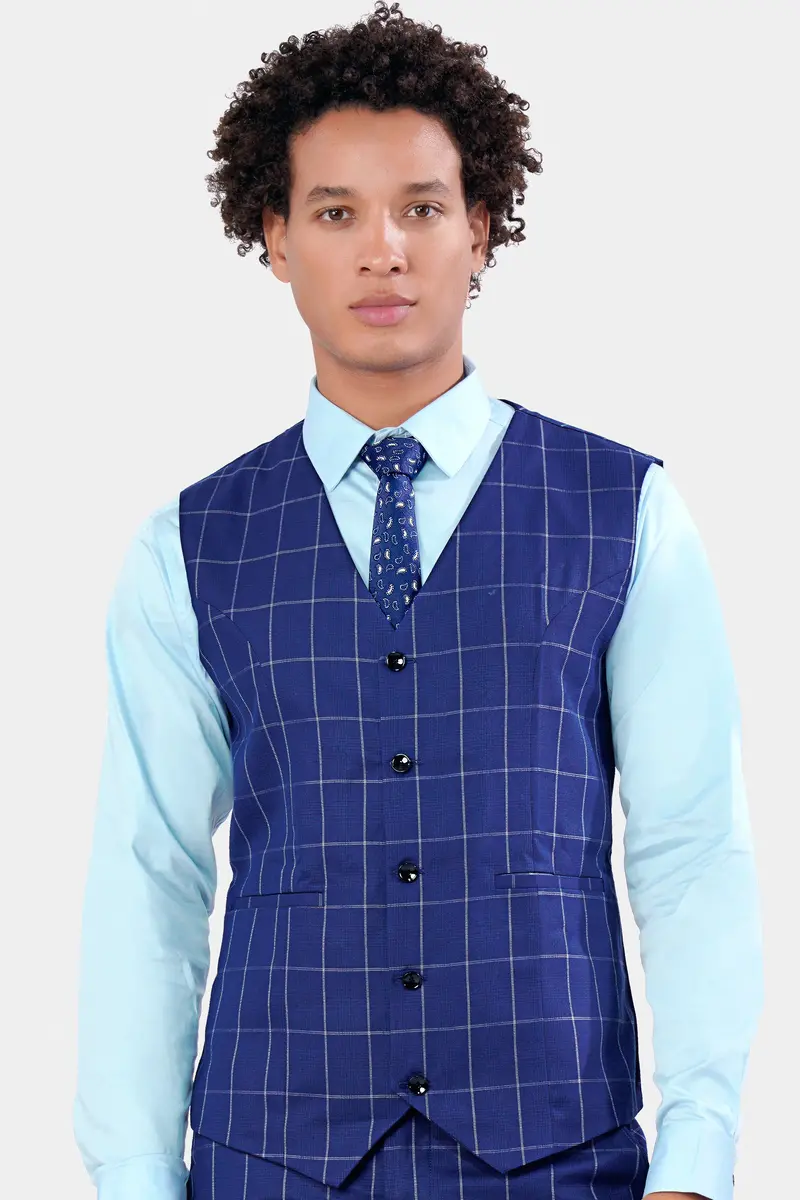 Lapis Blue Windowpane Wool Rich Waistcoat 2