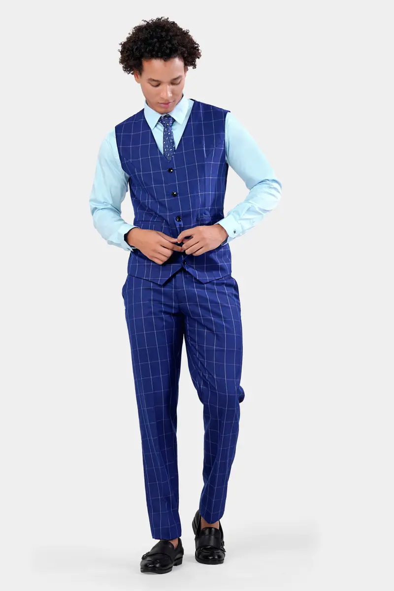 Lapis Blue Windowpane Wool Rich Waistcoat 5