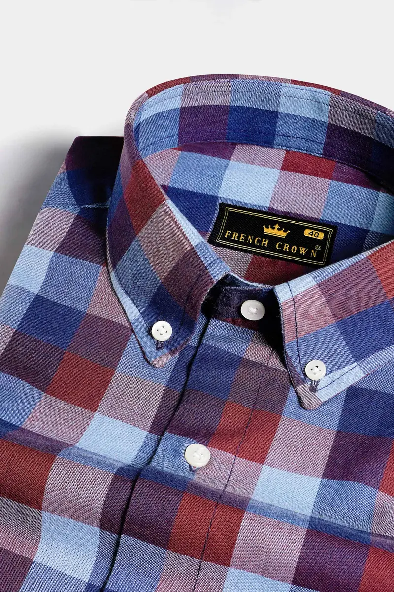 Lapis Blue With Cordovan Brown And Glacier Blue Checkered Royal Oxford Shirt 1