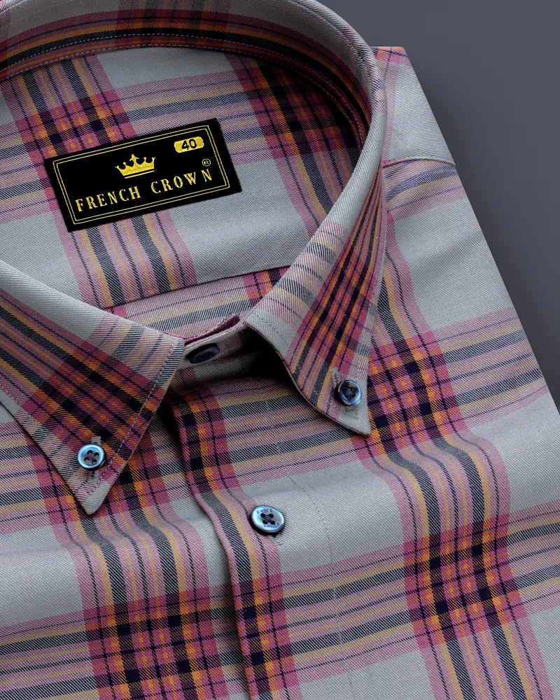 Lauguid Gray With Fuchsia Pink Twill Plaid Premium Cotton Shirt 1