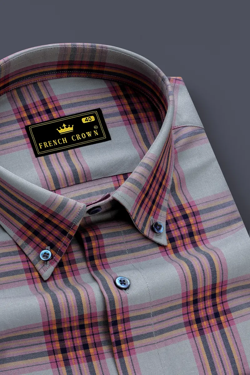 Lauguid Gray With Fuchsia Pink Twill Plaid Premium Cotton Shirt 2