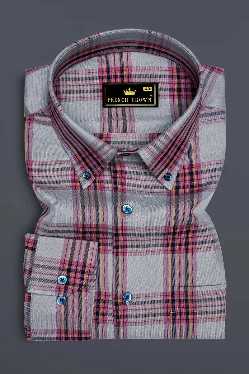 Lauguid Gray With Fuchsia Pink Twill Plaid Premium Cotton Shirt 4