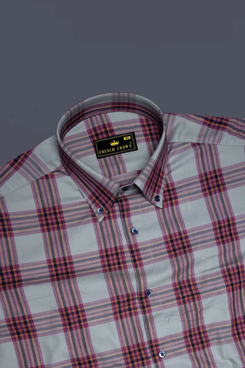 Lauguid Gray With Fuchsia Pink Twill Plaid Premium Cotton Shirt 5