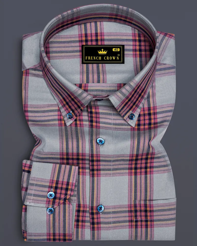 Lauguid Gray With Fuchsia Pink Twill Plaid Premium Cotton Shirt 6