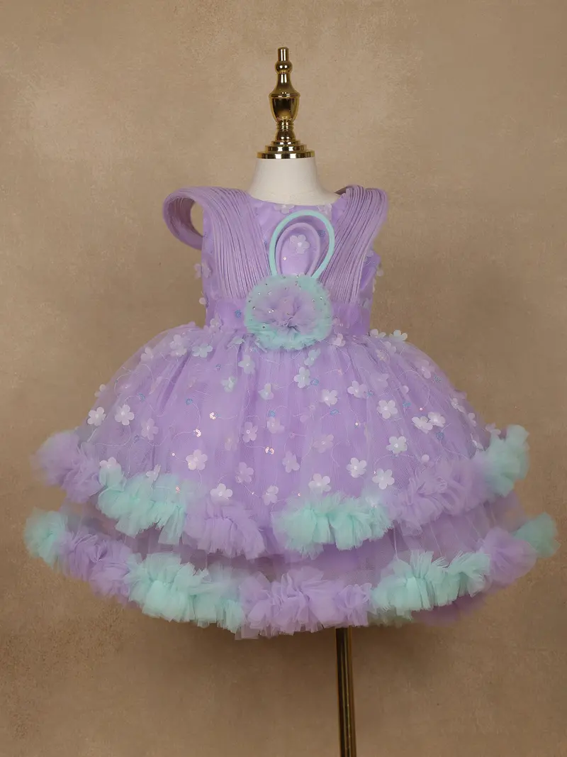Lavender 3D Floral Layered Party Net Frock With Aqua Ruffle Accents 1