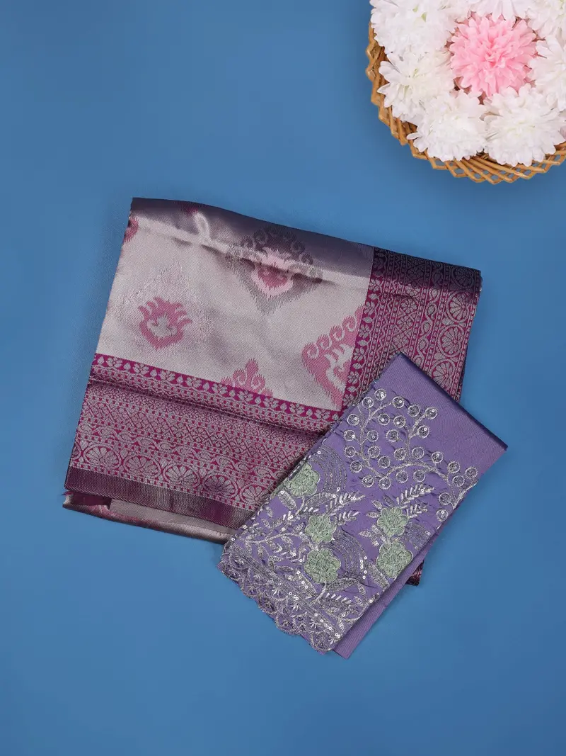 Lavender And Pink Ikat Design Art Silk Saree With Contrast Embroidered Blouse 1