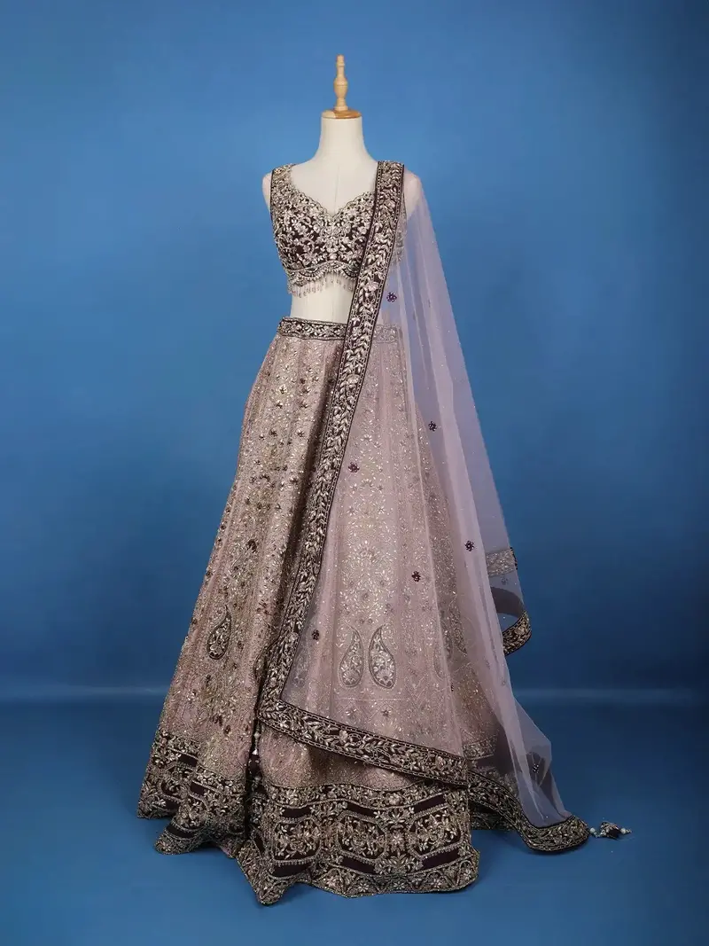 Lavender And Purple Floral Embroidered Silk Lehenga With Net Dupatta 1