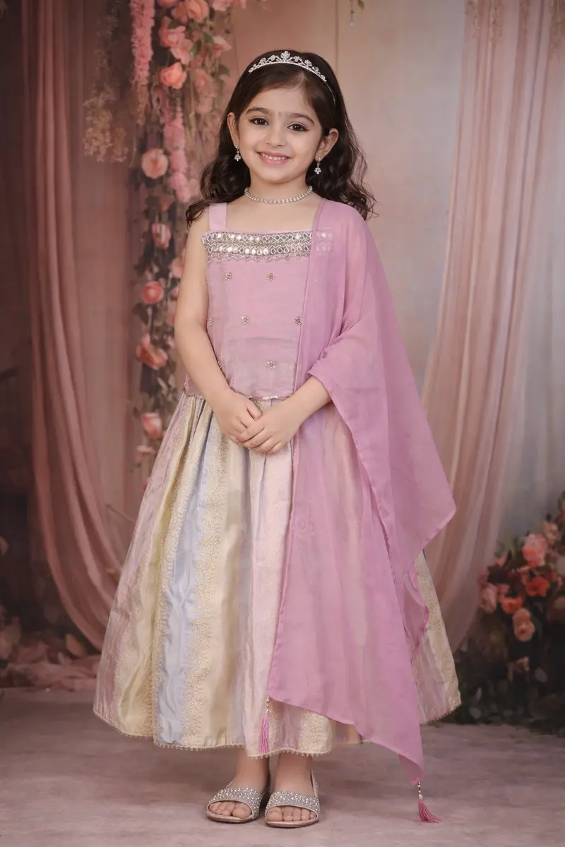 Lavender Beads And Mirror Embroidered Design Tissue Silk Kids Lehenga With Dupatta 1