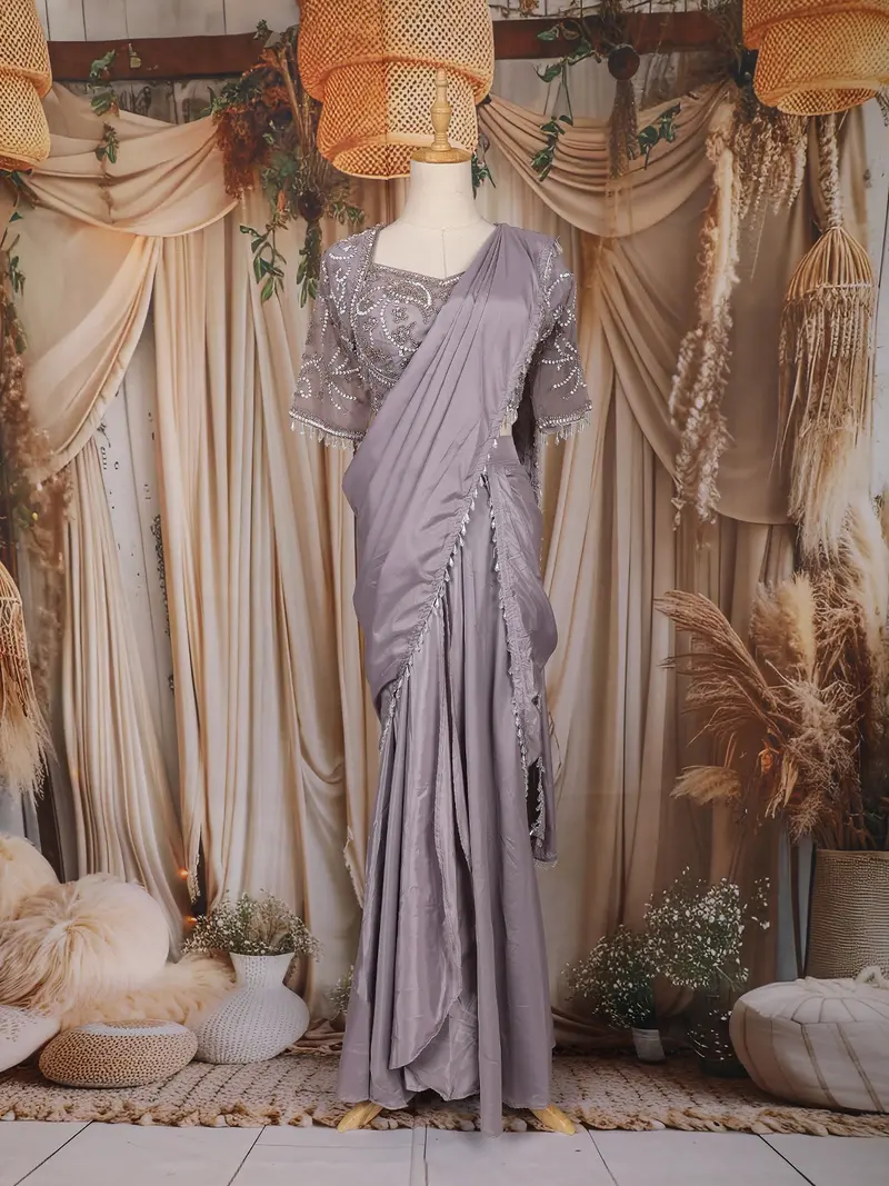Lavender Beads Emroidered Satin Ready To Wear Draped Saree 1
