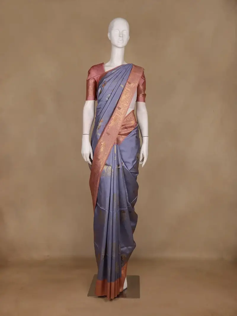 Lavender Blue Floral Designed Semi Tussar Saree 1
